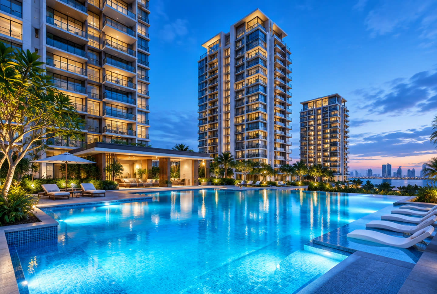 Condomínio residencial ao anoitecer, em tons de azul