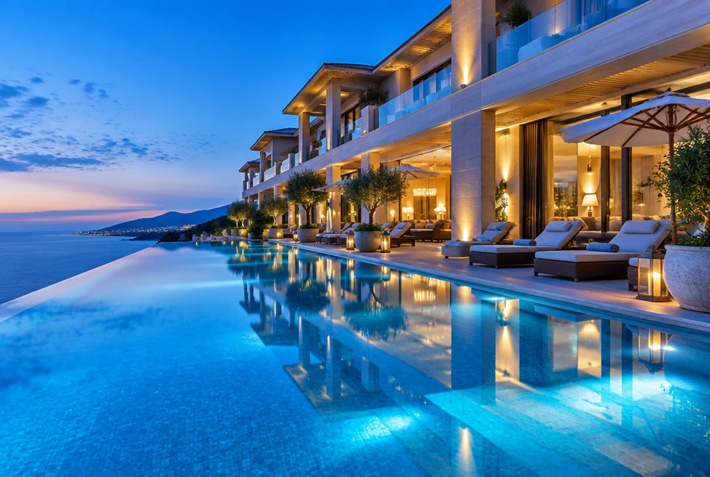 Fachada de hotel à noite, em tons de azul