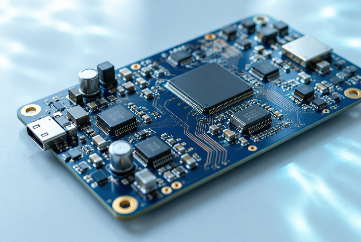 Placa eletrônica do Esfera Connect em close, com trilhas e componentes iluminados em azul